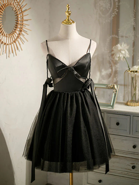 Black A-line tulle short prom dress, black homecoming dress ED0762
