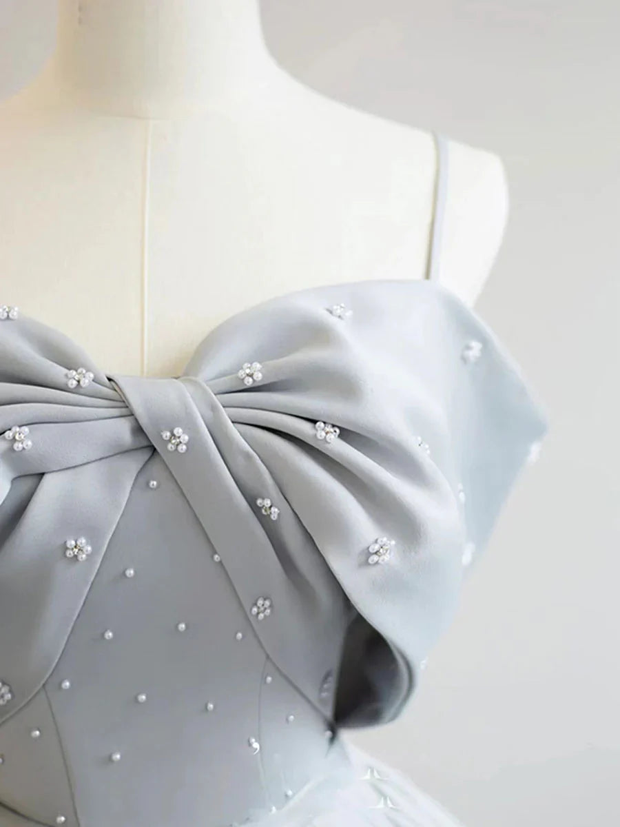 A-Line Satin Gray Long Prom Dresses, Gray Long Formal Dresses ED0764