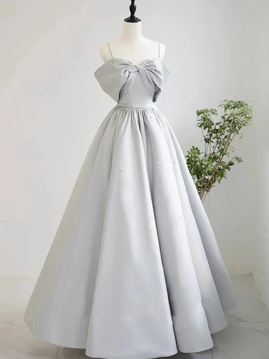 A-Line Satin Gray Long Prom Dresses, Gray Long Formal Dresses ED0764