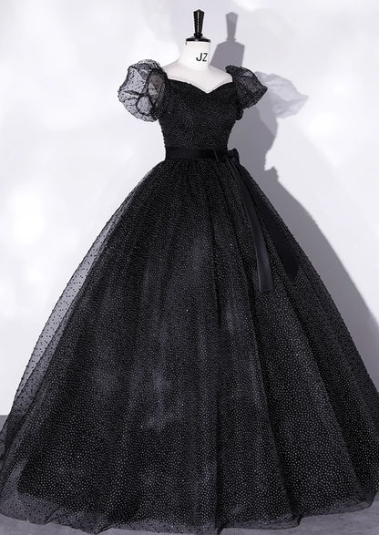 Black A-Line Tulle Long Prom Dresses, Black Formal Sweet 16 Dress ED0766