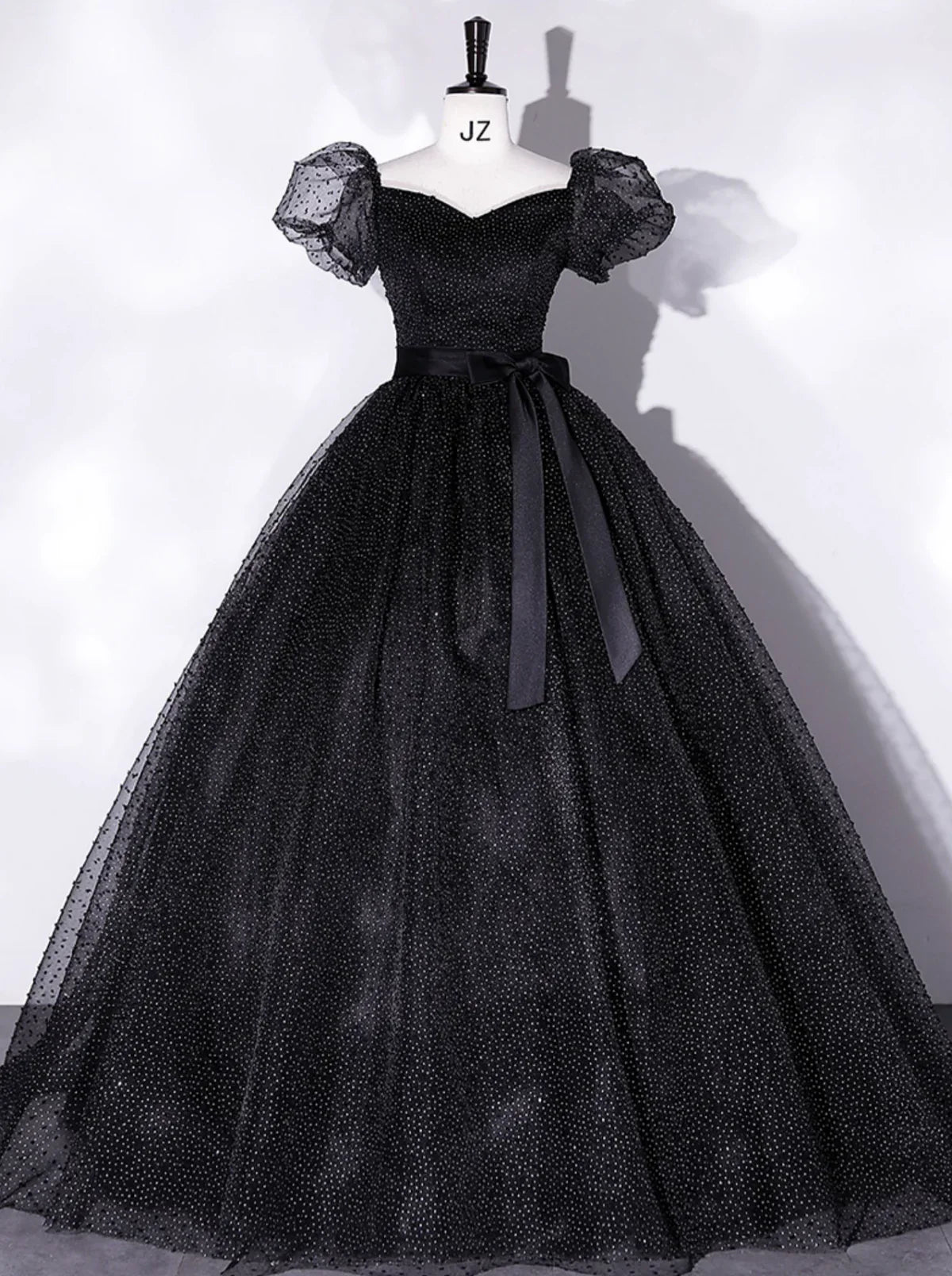Black A-Line Tulle Long Prom Dresses, Black Formal Sweet 16 Dress ED0766