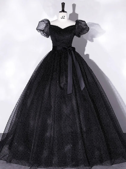Black A-Line Tulle Long Prom Dresses, Black Formal Sweet 16 Dress ED0766