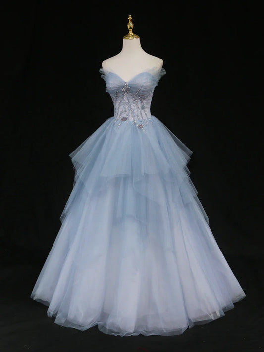 Blue A-Line Tulle Long Prom Dresses, Blue Tulle Formal Graduation Dresses ED0767