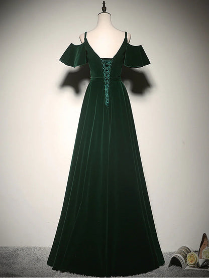 Green A-Line Velvet Long Prom Dresses, Green Formal Evening Dress ED0768