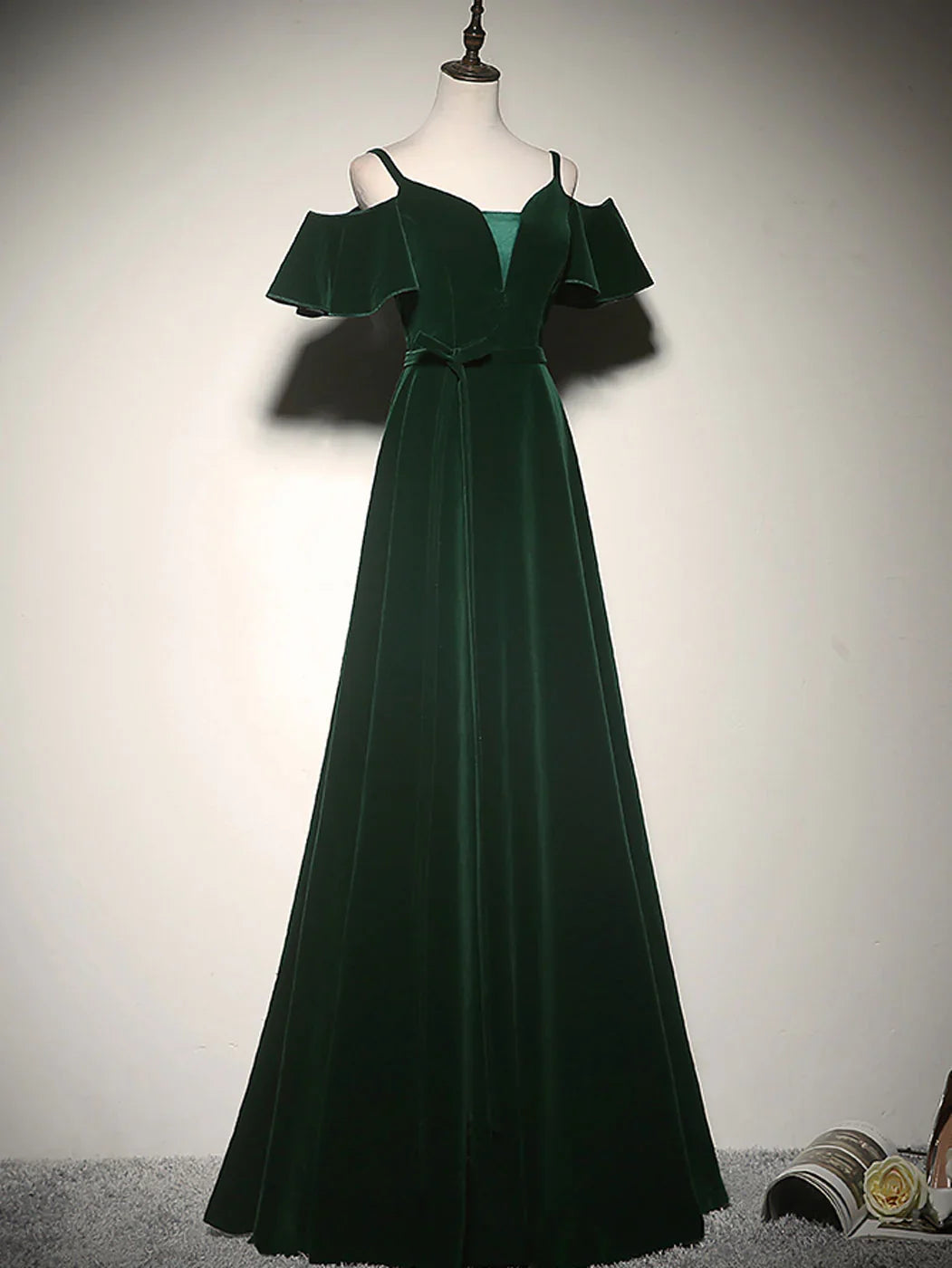 Green A-Line Velvet Long Prom Dresses, Green Formal Evening Dress ED0768