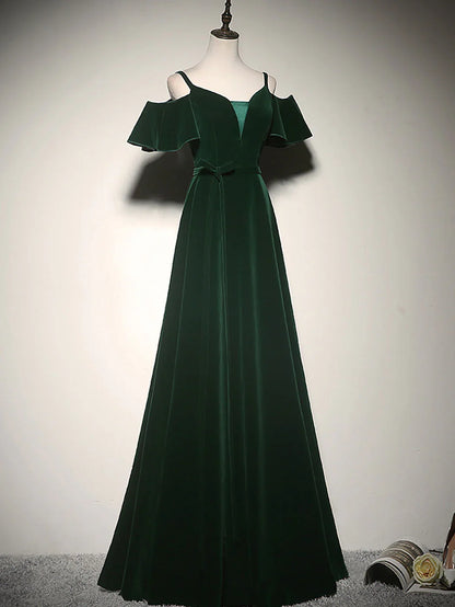 Green A-Line Velvet Long Prom Dresses, Green Formal Evening Dress ED0768