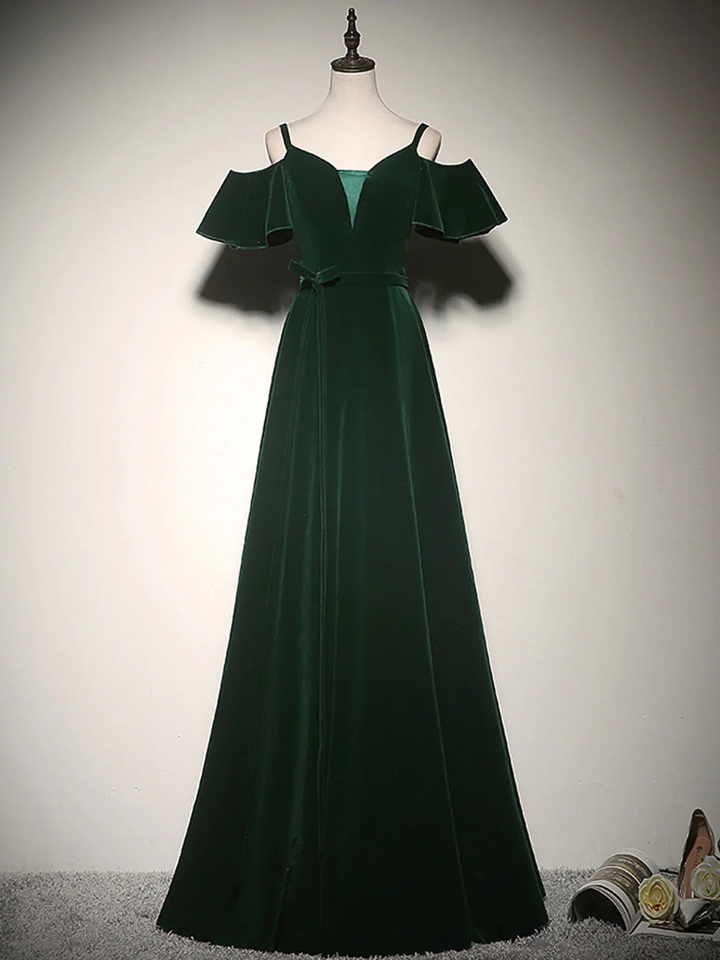 Green A-Line Velvet Long Prom Dresses, Green Formal Evening Dress ED0768