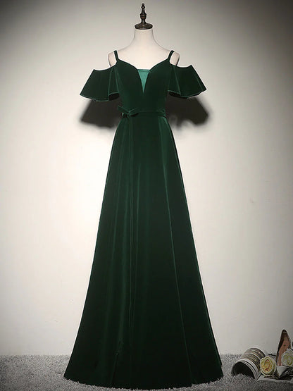 Green A-Line Velvet Long Prom Dresses, Green Formal Evening Dress ED0768