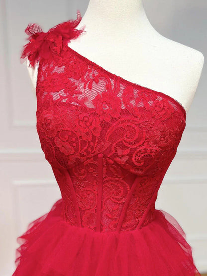 A-Line One Shoulder Lace Tulle Burgundy Long Prom Dresses, Burgundy Formal Dresses ED0769