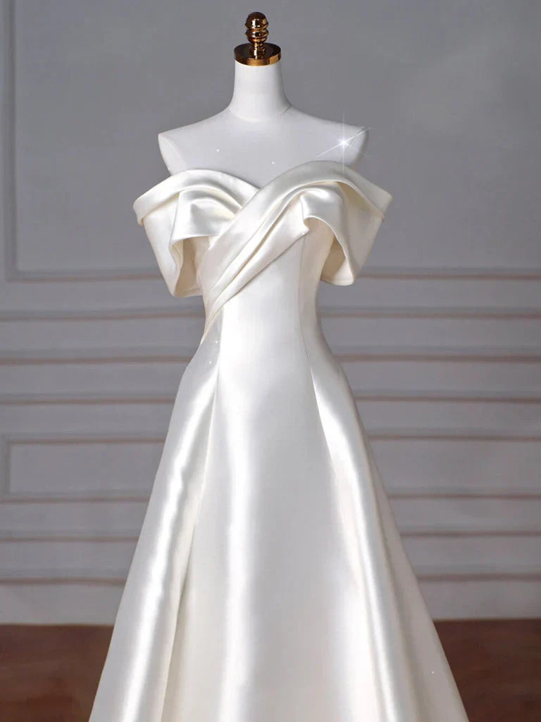 A-Line Off Shoulder Satin ivory Long Prom Dress, Satin Long Formal Dress   ED077