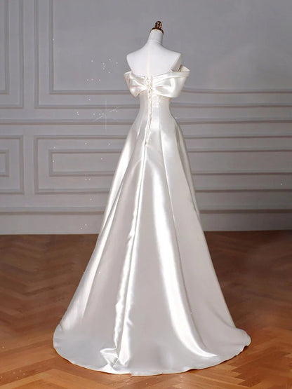 A-Line Off Shoulder Satin ivory Long Prom Dress, Satin Long Formal Dress   ED077