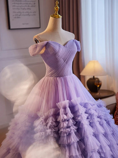 A-Line Off Shoulder Tulle Purple Long Prom Dress, Purple Long Evening Dress ED0771