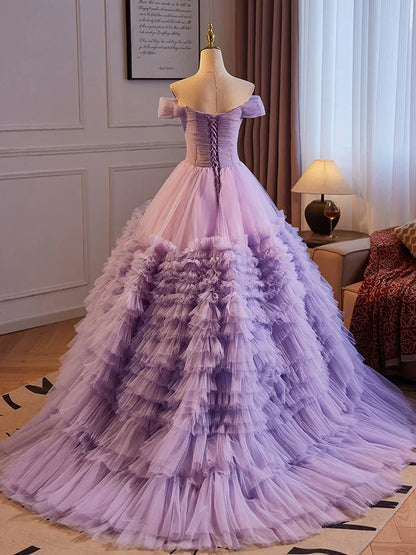A-Line Off Shoulder Tulle Purple Long Prom Dress, Purple Long Evening Dress ED0771