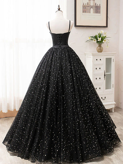 Black A-Line Tulle Long Prom Dress, Black Formal Evening Dresses ED0772