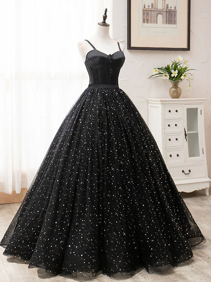 Black A-Line Tulle Long Prom Dress, Black Formal Evening Dresses ED0772