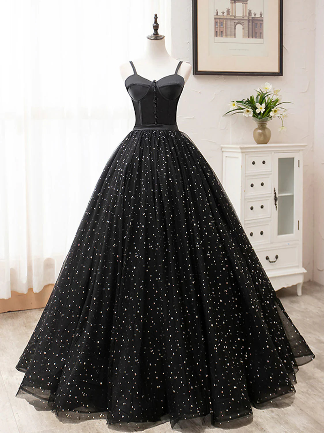 Black A-Line Tulle Long Prom Dress, Black Formal Evening Dresses ED0772
