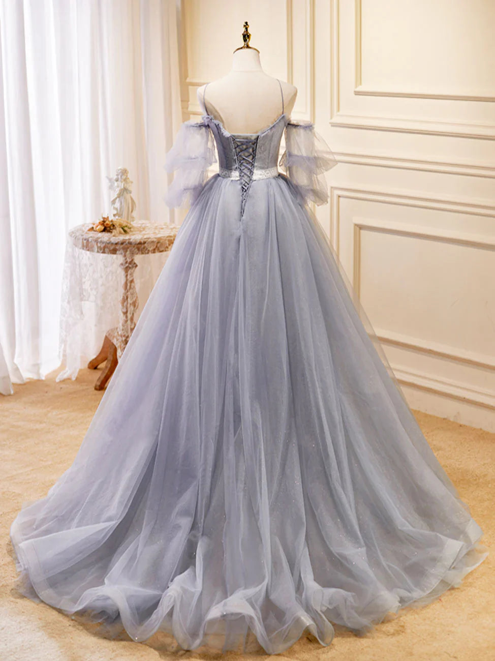 A-Line V Neck Tulle Lace Gray Blue Long Prom Dress, Formal Graduation Dress ED0775