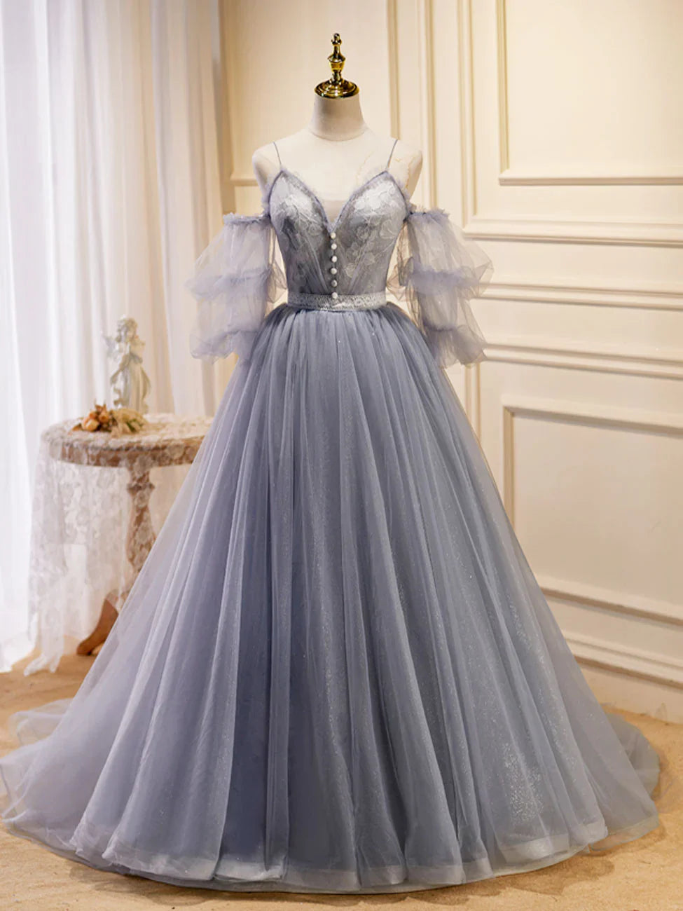 A-Line V Neck Tulle Lace Gray Blue Long Prom Dress, Formal Graduation Dress ED0775