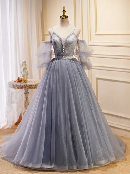 A-Line V Neck Tulle Lace Gray Blue Long Prom Dress, Formal Graduation Dress ED0775
