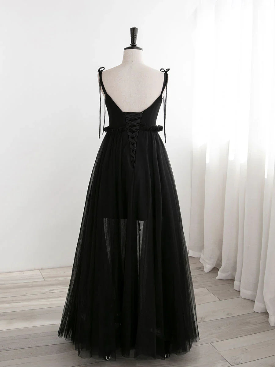 A-Line Black Tulle Long Prom Dresses, Black Formal Evening Dresses ED0776