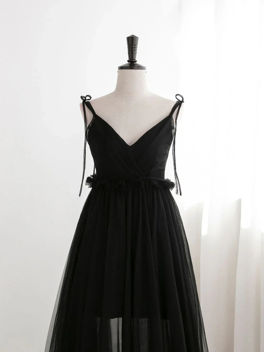 A-Line Black Tulle Long Prom Dresses, Black Formal Evening Dresses ED0776