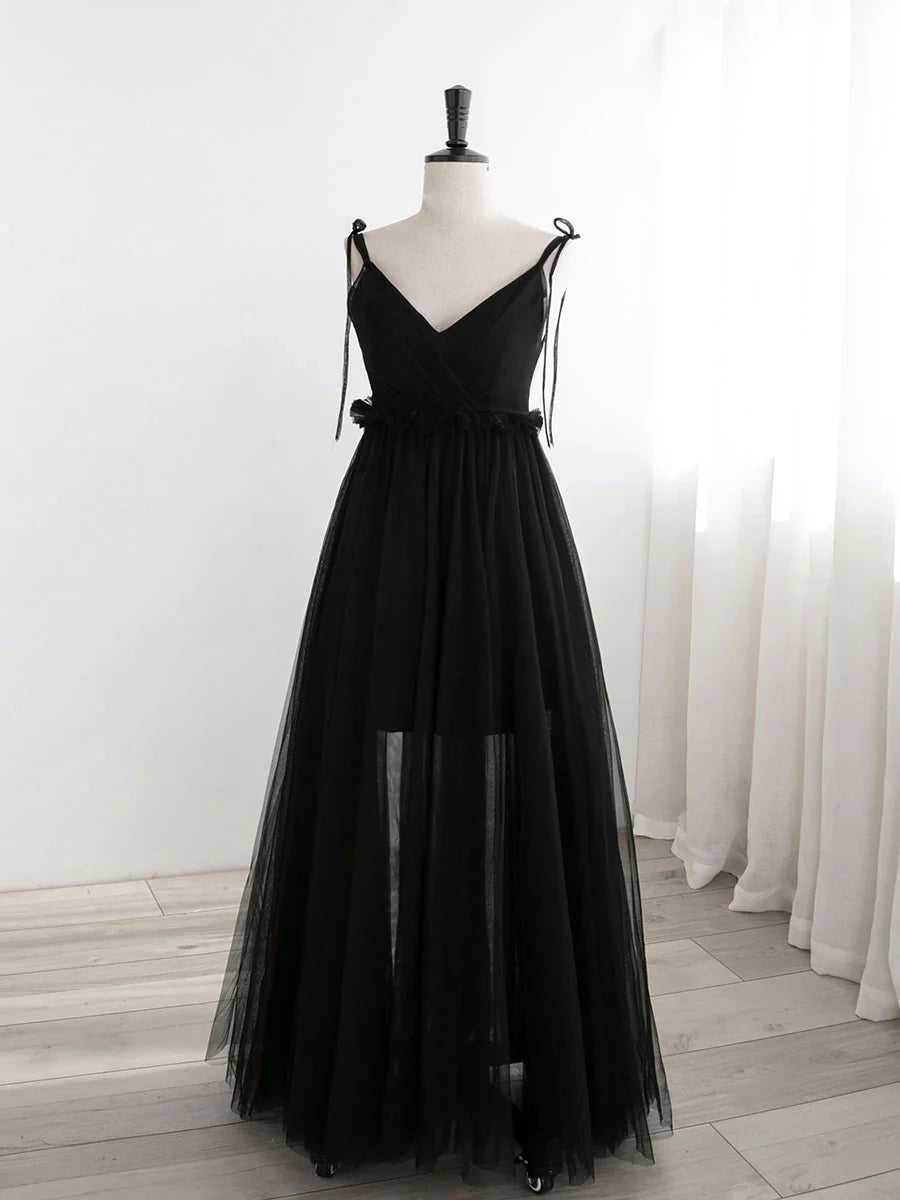 A-Line Black Tulle Long Prom Dresses, Black Formal Evening Dresses ED0776