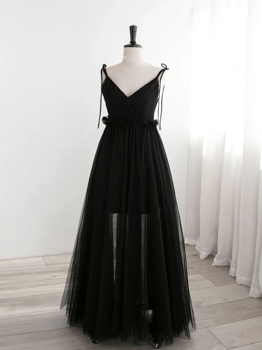 A-Line Black Tulle Long Prom Dresses, Black Formal Evening Dresses ED0776