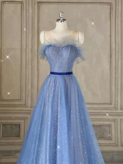 A-Line Tulle Blue Long Prom Dresses, Blue Tulle Formal Dresses ED0777