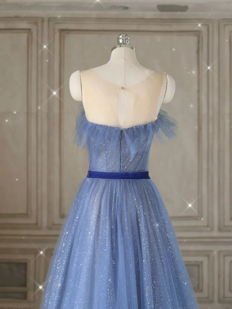 A-Line Tulle Blue Long Prom Dresses, Blue Tulle Formal Dresses ED0777