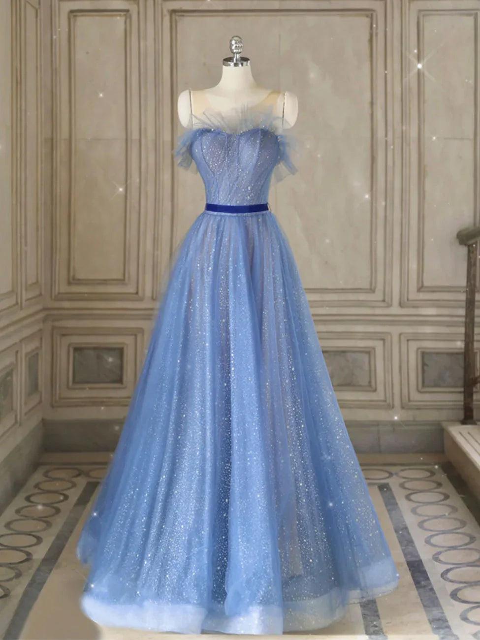 A-Line Tulle Blue Long Prom Dresses, Blue Tulle Formal Dresses ED0777