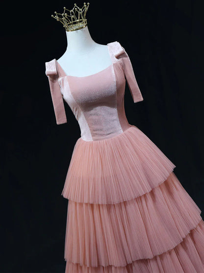 A Line Pink Tulle Long Prom Dresses, Pink Formal Graduation Dresses ED0778
