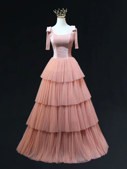 A Line Pink Tulle Long Prom Dresses, Pink Formal Graduation Dresses ED0778
