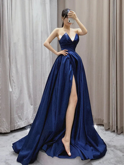 A-Line V Neck Satin Dark Blue Long Prom Dress, Blue Long Formal Dress   ED078