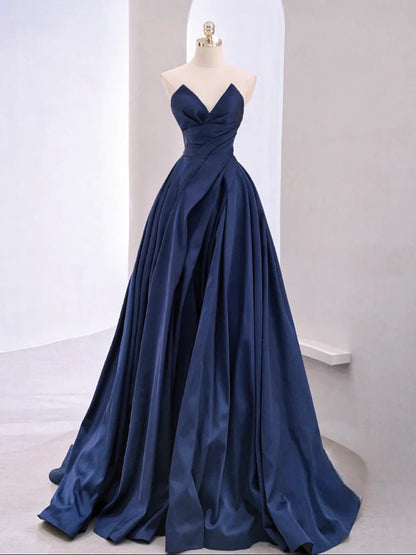 A-Line V Neck Satin Dark Blue Long Prom Dress, Blue Long Formal Dress   ED078