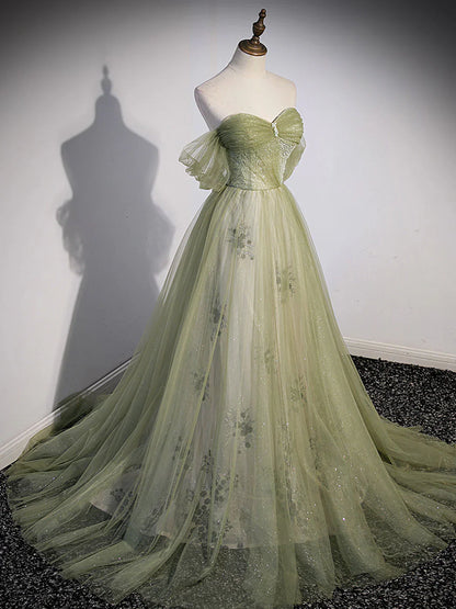A-line Green Long Prom Dress, Green Tulle Formal Evening Dress ED0780
