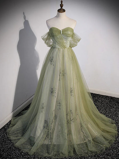 A-line Green Long Prom Dress, Green Tulle Formal Evening Dress ED0780
