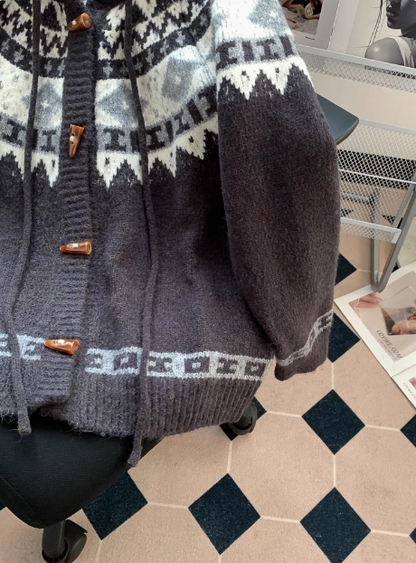 Fair Isle Vintage Jacquard Horn Button Women's Hooded Cardigan ED0793