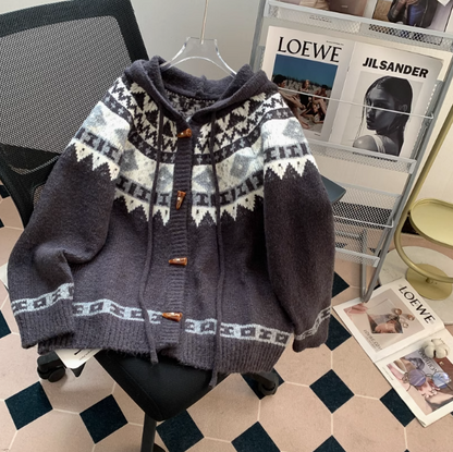 Fair Isle Vintage Jacquard Horn Button Women's Hooded Cardigan ED0793