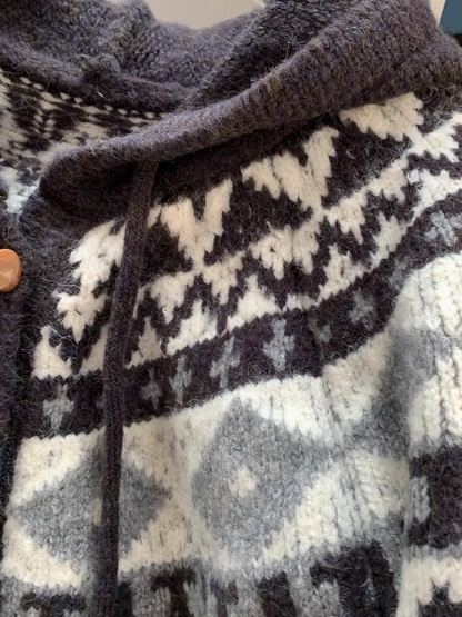 Fair Isle Vintage Jacquard Horn Button Women's Hooded Cardigan ED0793