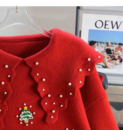 Christmas style beaded red doll collar sweater  ED0796