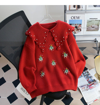 Christmas style beaded red doll collar sweater  ED0796