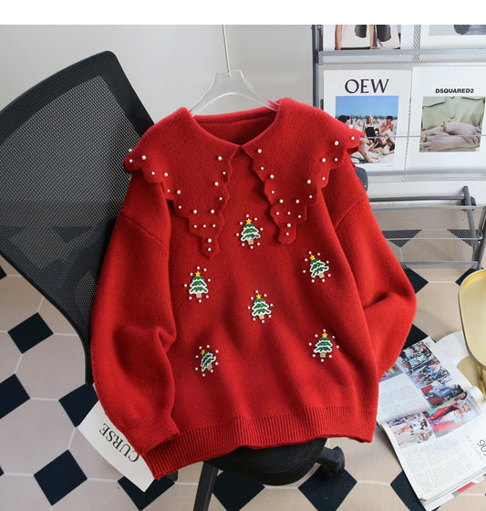 Christmas style beaded red doll collar sweater  ED0796