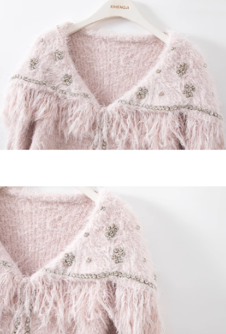 Sweet shiny silk tassel long sleeve zipper knitted sweater jacket  ED0797