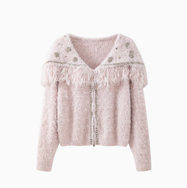 Sweet shiny silk tassel long sleeve zipper knitted sweater jacket  ED0797