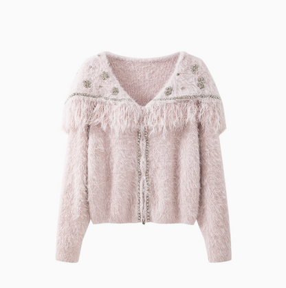 Sweet shiny silk tassel long sleeve zipper knitted sweater jacket  ED0797