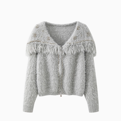 Sweet shiny silk tassel long sleeve zipper knitted sweater jacket  ED0797