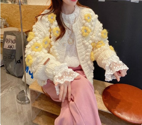 Hand-crocheted thick needle three-dimensional flower beanie sweater knitted cardigan  ED0798
