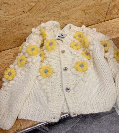 Hand-crocheted thick needle three-dimensional flower beanie sweater knitted cardigan  ED0798