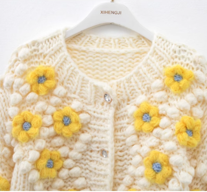 Hand-crocheted thick needle three-dimensional flower beanie sweater knitted cardigan  ED0798