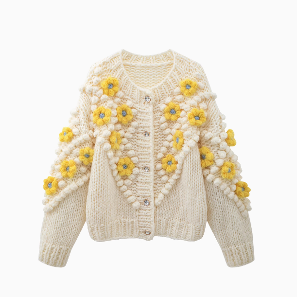 Hand-crocheted thick needle three-dimensional flower beanie sweater knitted cardigan  ED0798
